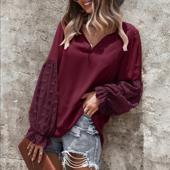 Boho Swiss dot frill trim tie neck blouse blue - Picture 13 of 16